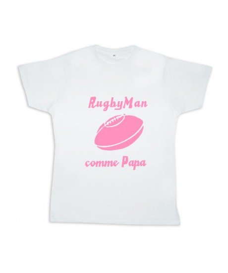 Tee shirt rugby bébé "RugbyMan comme Papa" Blanc/Rose