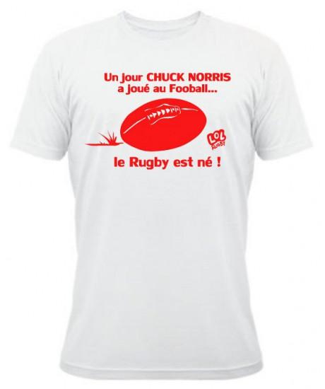 Tee shirt Rugby Humour Chuck Norris Football Blanc Rouge Esprit Rugby