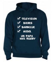 Sweat Capuche "Papa 100 % Rugby" Bleu marine