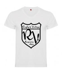 Tee Shirt col V Rugby & Vintage Ecusson blanc
