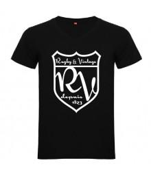 Tee Shirt col V Rugby & Vintage Ecusson noir