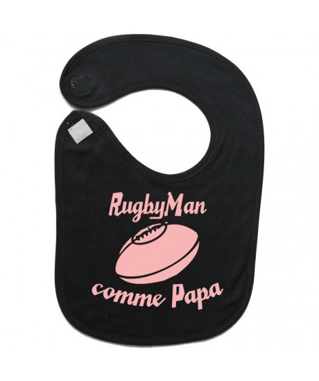 Bavoir bébé "RugbyMan comme Papa" Noir/Rose