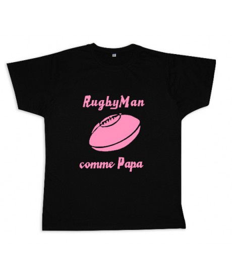 Tee shirt rugby bébé "RugbyMan comme Papa" Noir/Rose