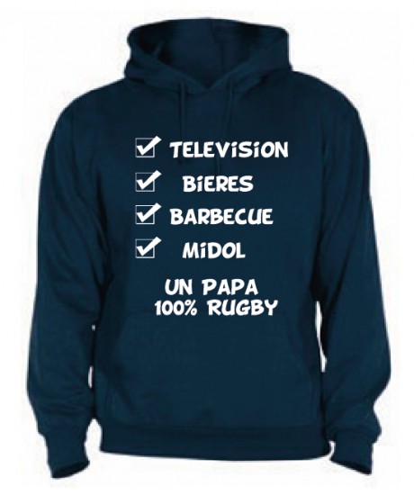 Sweat Capuche "Papa 100 % Rugby" Bleu marine