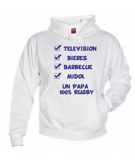 Sweat Capuche "Papa 100 % Rugby" Blanc