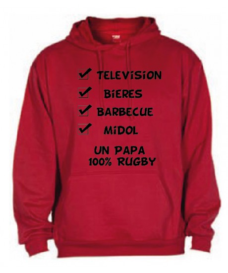 Sweat Capuche "Papa 100 % Rugby" Rouge