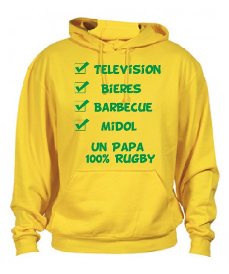 Sweat Capuche "Papa 100 % Rugby" Jaune