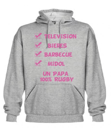 Sweat Capuche "Papa 100 % Rugby" Gris