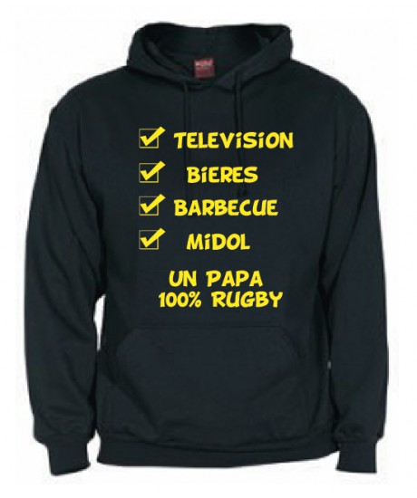 Sweat Capuche "Papa 100 % Rugby" Noir