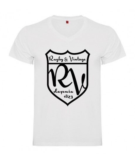 Tee Shirt col V Rugby & Vintage Ecusson blanc