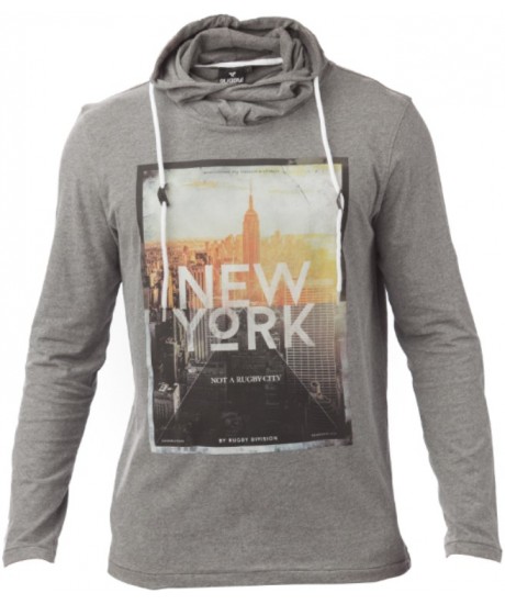 Tee Shirt à capuche col croisé ML Rugby Division "New York " Noir Chiné