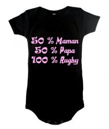 Body bébé "100 % rugby" Noir/Rose