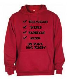 Sweat Capuche "Papa 100 % Rugby" Rouge