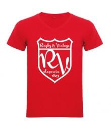 Tee Shirt col V Rugby & Vintage Ecusson Rouge