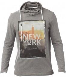 Tee Shirt à capuche col croisé ML Rugby Division "New York " Noir Chiné